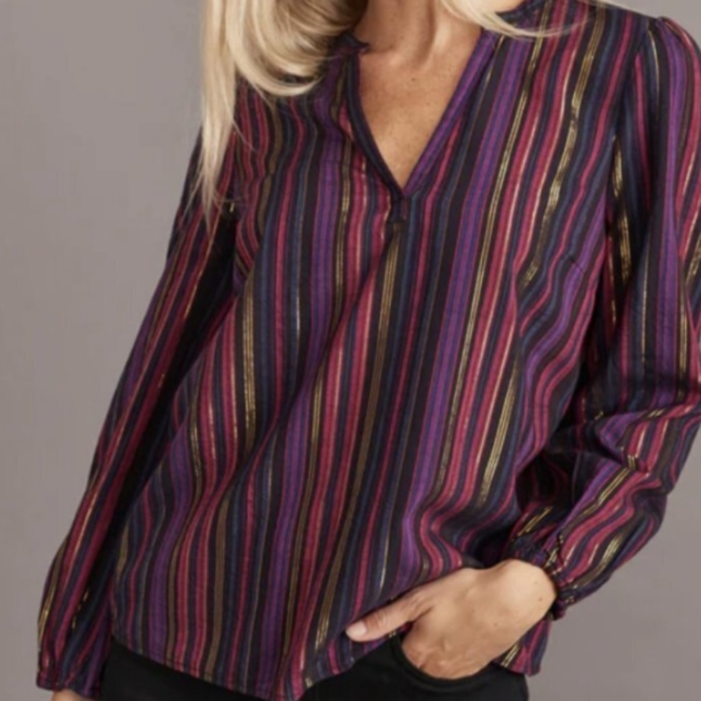 Marine Layer XL Jamie Banded Collar Lurex Multi Stripe Long Sleeve Retro Blouse